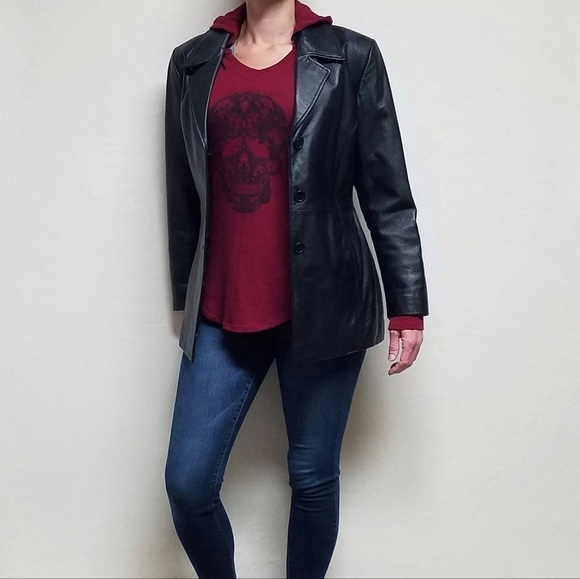 VINTAGE Worthington Black Textured Leather Button Up Quilted Blazer Jacket M - Picture 2 of 15